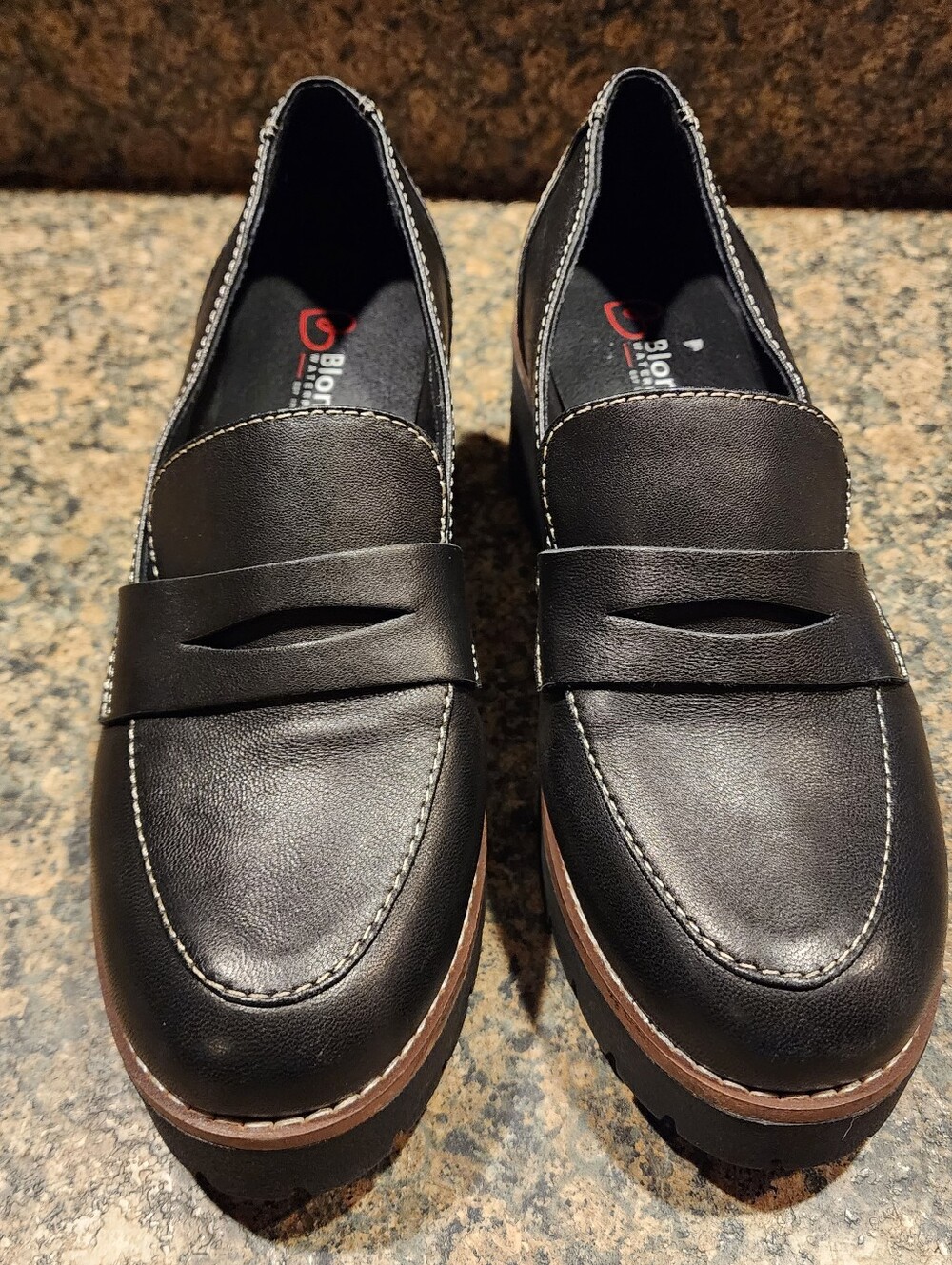 Blondo Ladies Daina Waterproof Black Leather Platform Penny Loafers, Size 7.5